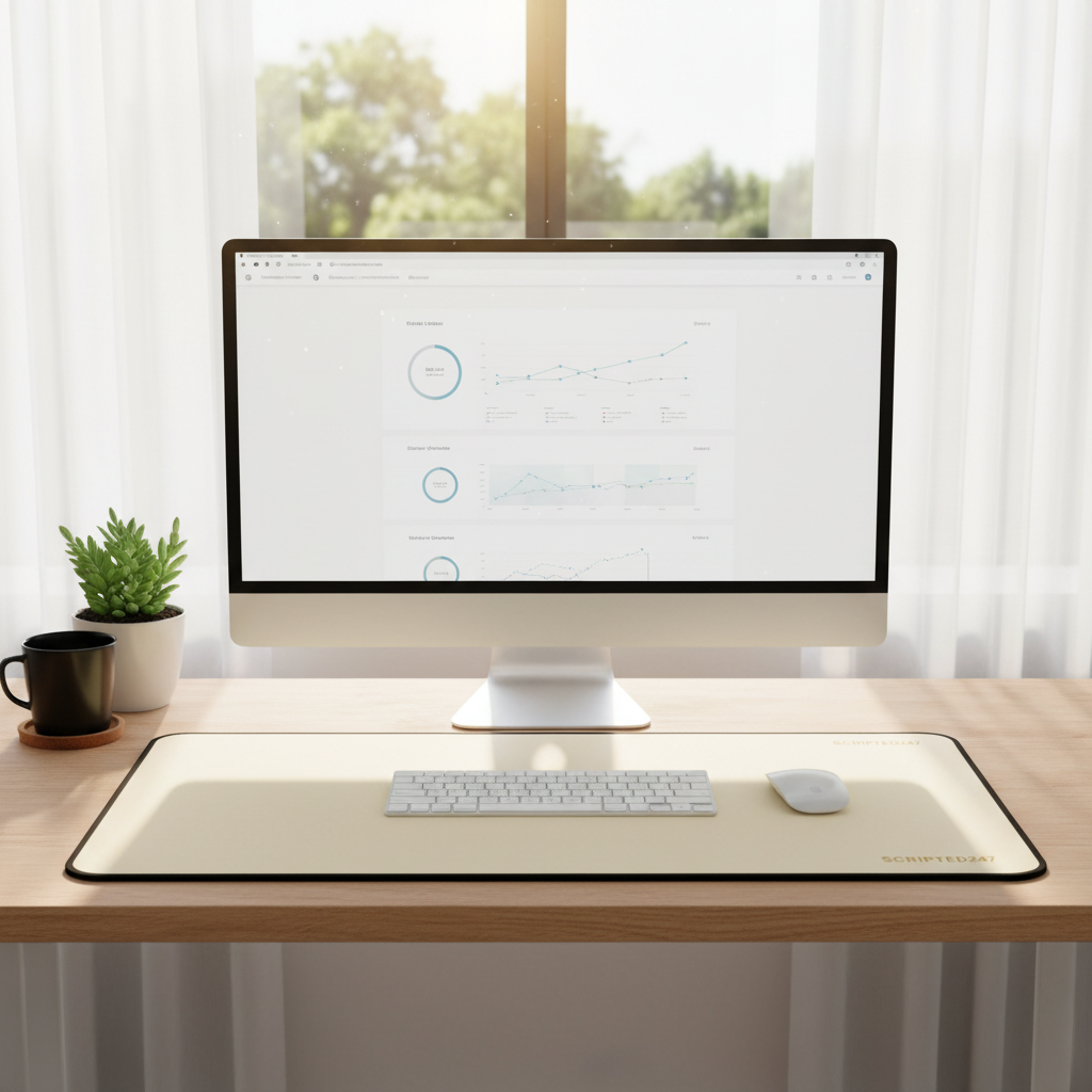 Creme desk mat workspace with monitor by window