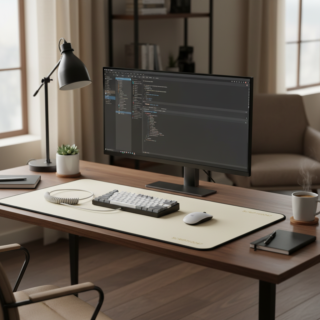 Home office setup with creme desk mat