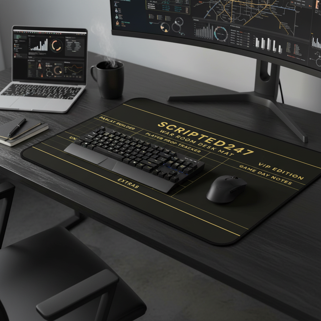 Scripted247 War Room Desk Mat with gold accents in professional workspace